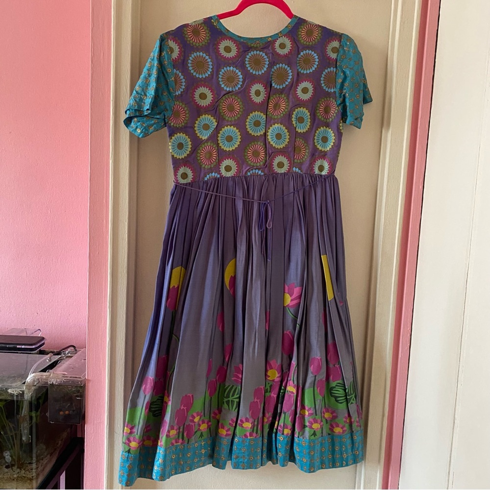 Fish Fry Anthropologie Blue and Purple Floral Midi Dress with Waist Tie in Back - Picture 3 of 6